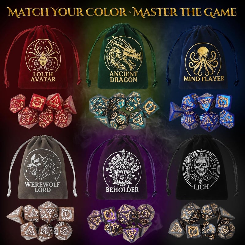 Grajar Vintage Boss Totem 42 Piece Polyhedral Dice Set with 6 Color Matched Velvet Boss Pouches & PU Leather Dice Tray for Dungeons & Dragons, RPG & Tabletop Games - Image 2